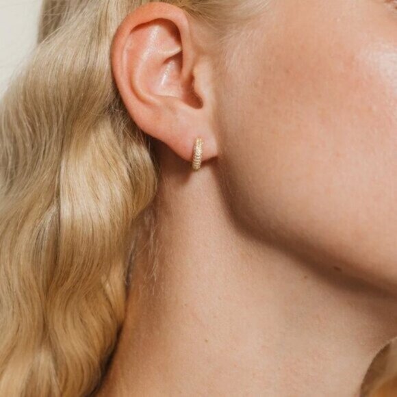 Chunky Gold Pave Huggie Hoop Earrings  8 or 10mm CZ Huggies 18K Gold PRETTY - Picture 4 of 14